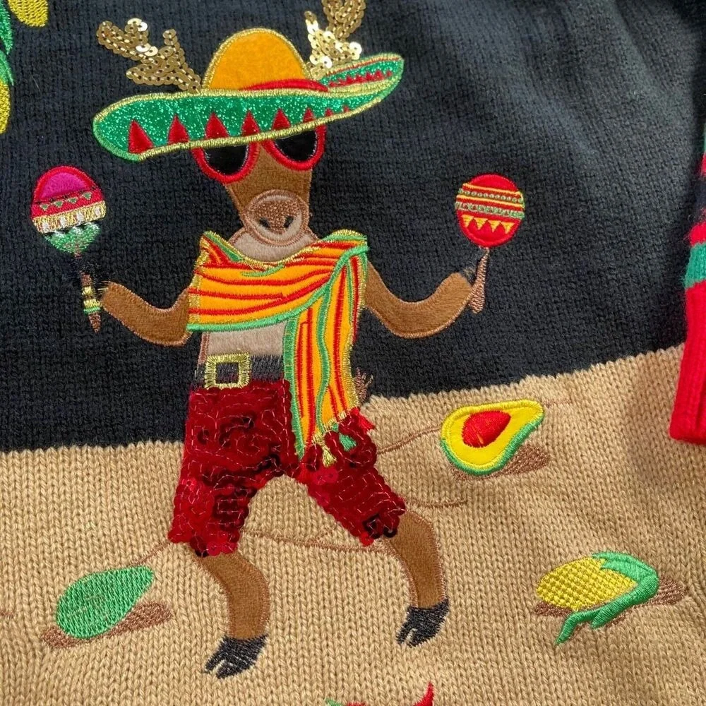 Feliz Navidad Ugly‎ Christmas Sweater 1X Embroidered Santa Reindeer Hot Peppers